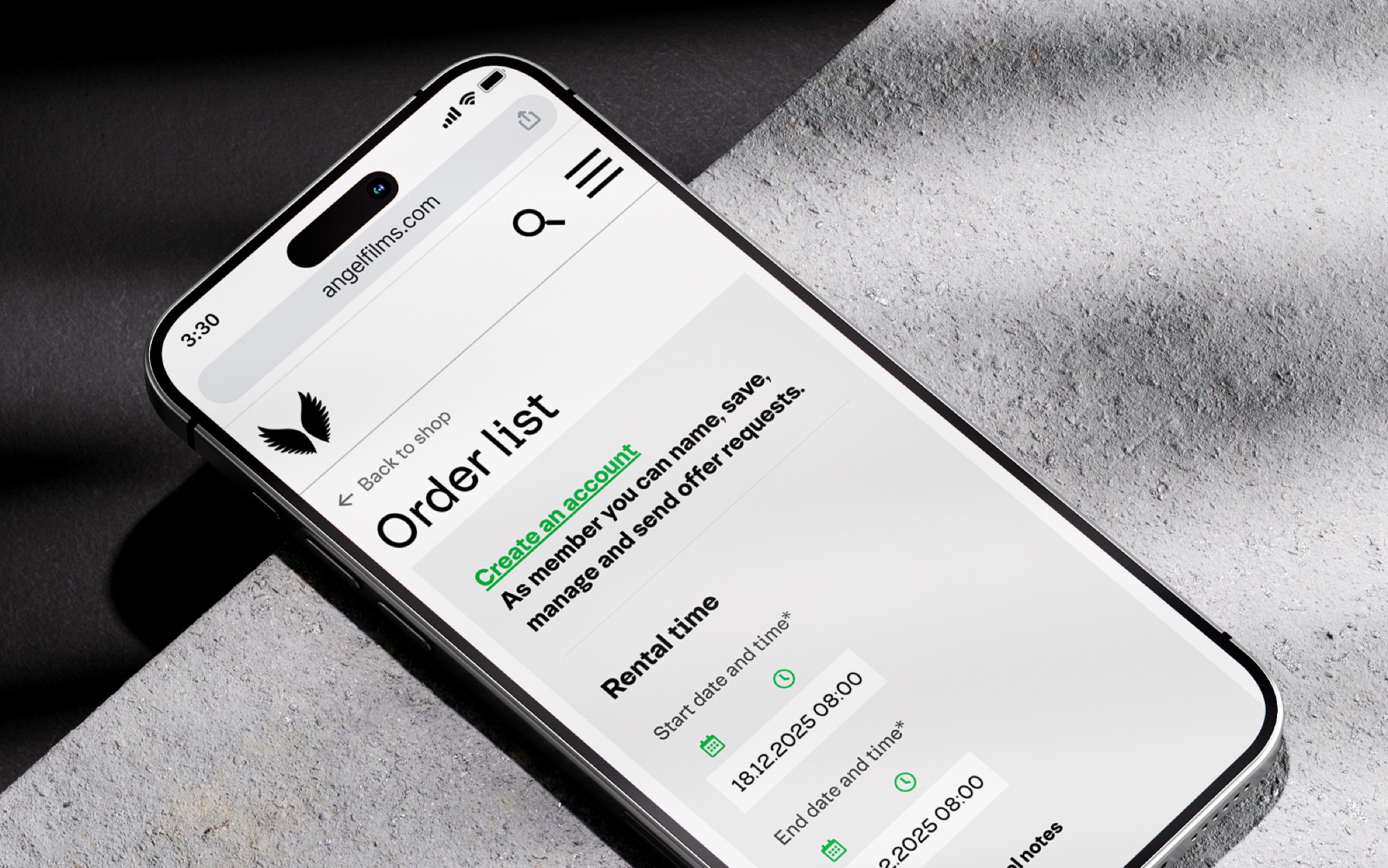 Angel Films mobile UI layout showing product detail