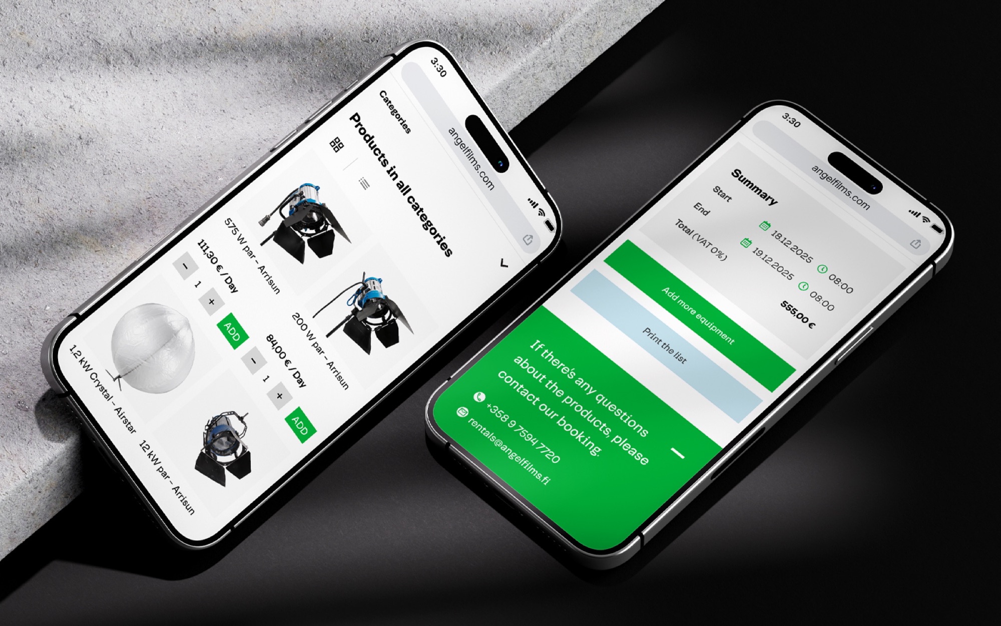 Angel Films mobile UI layout showing equipment categories
