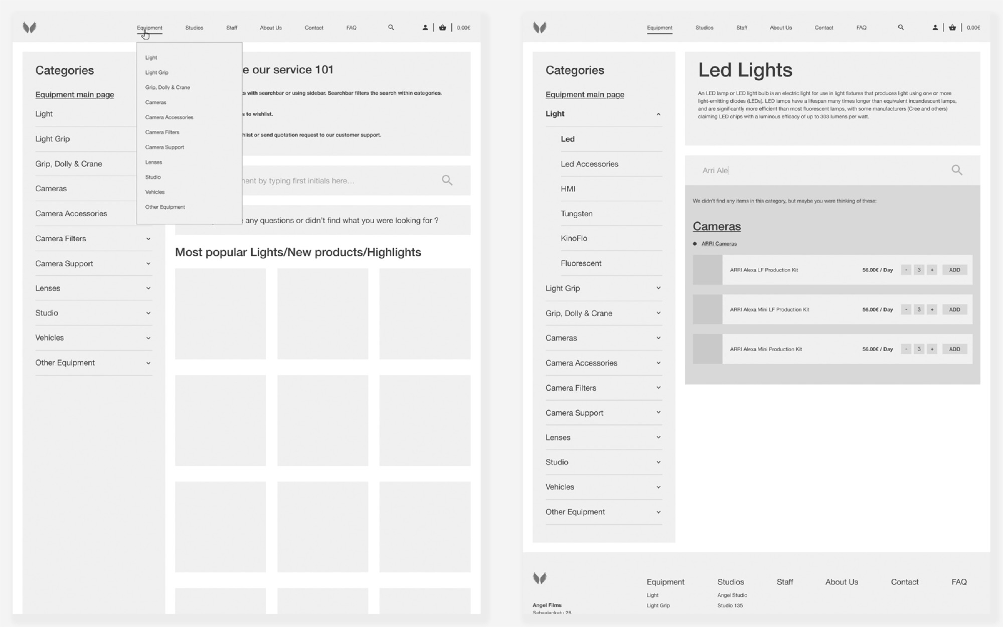 Angel Films wireframe showing page structure