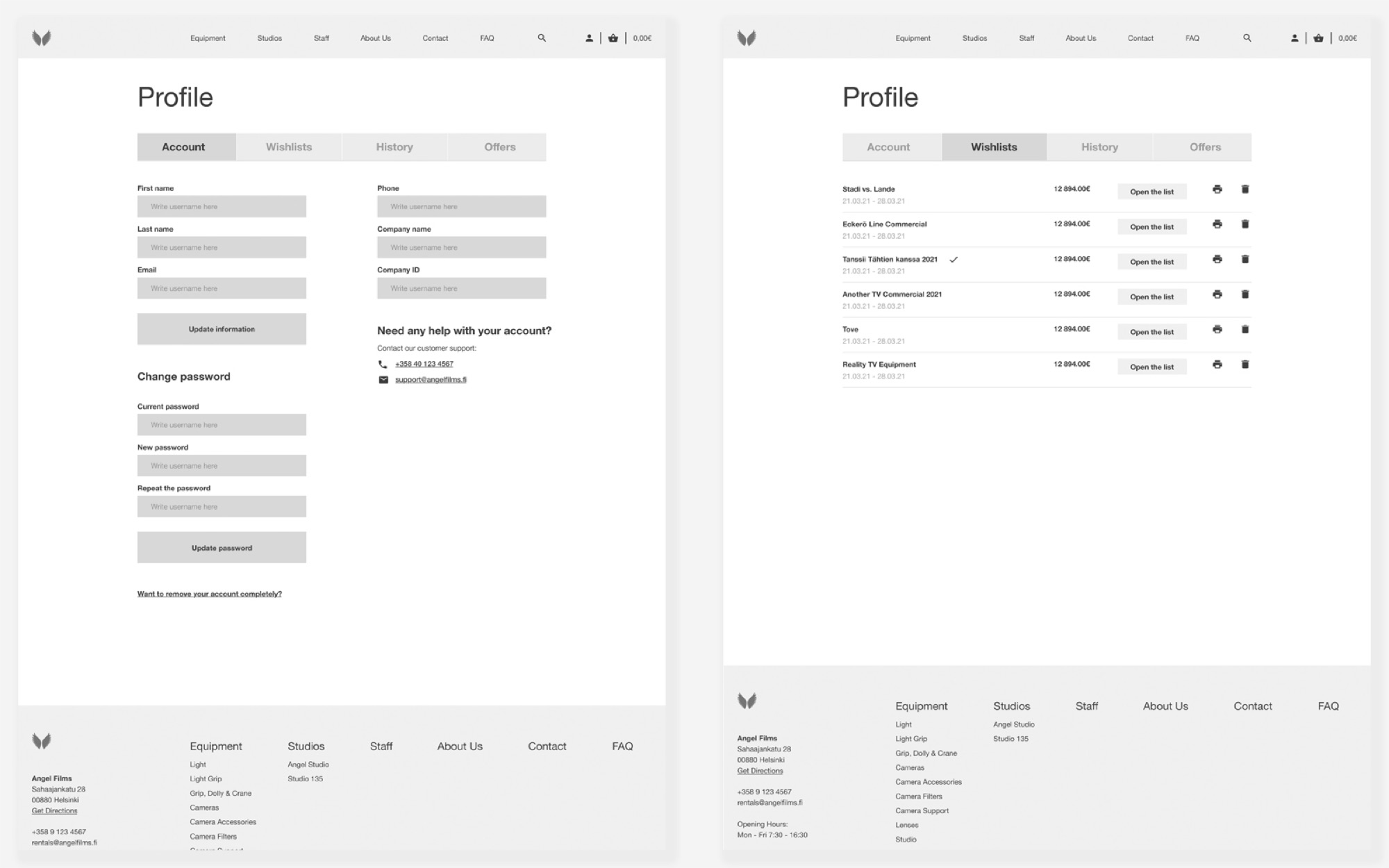 Angel Films wireframe showing product detail