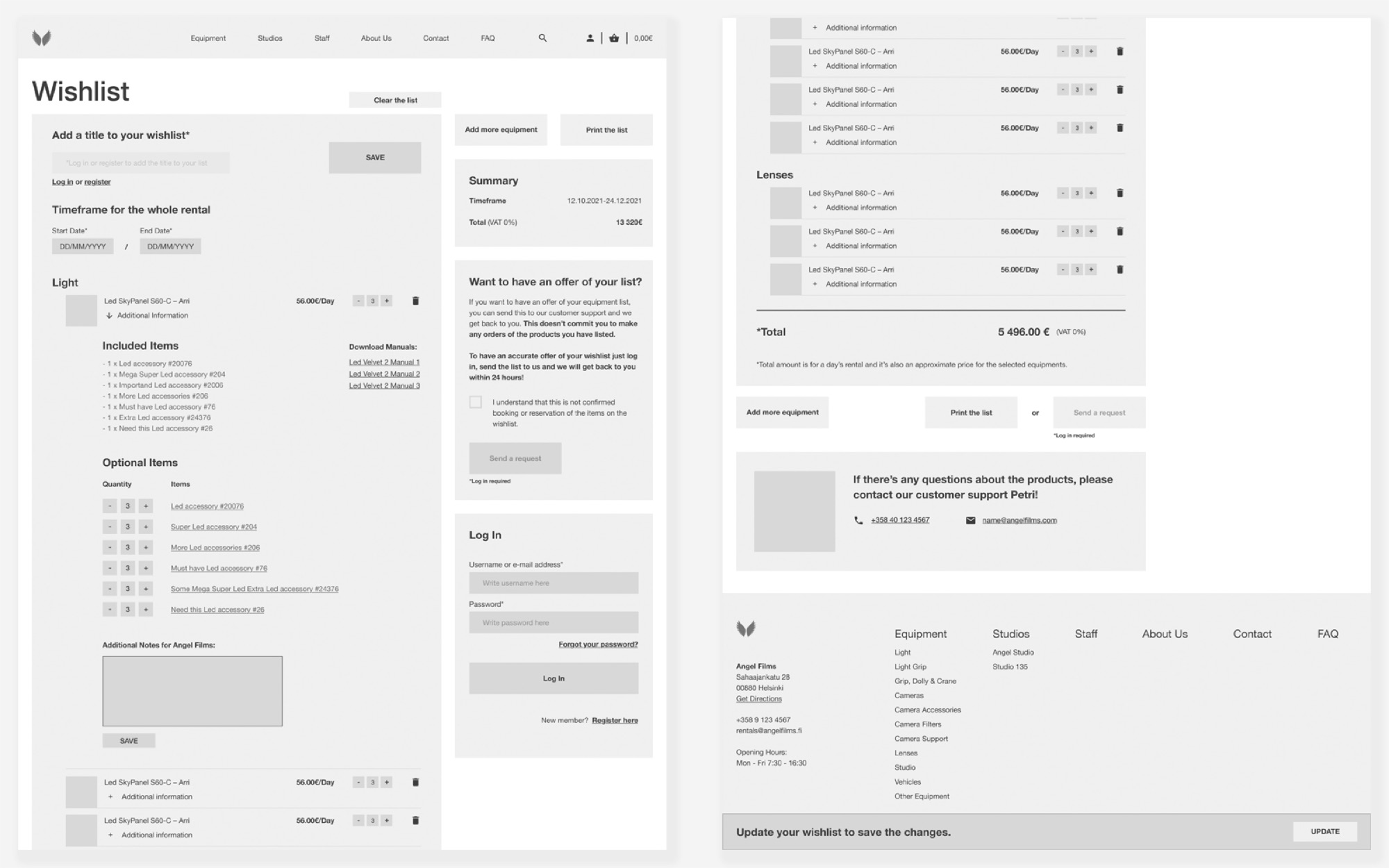 Angel Films wireframe showing checkout flow
