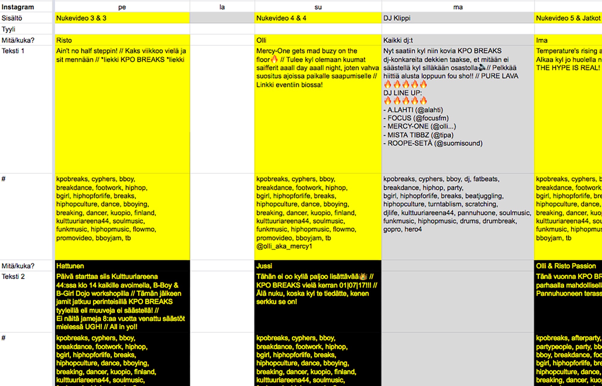 Social media content schedule for KPO Breaks.