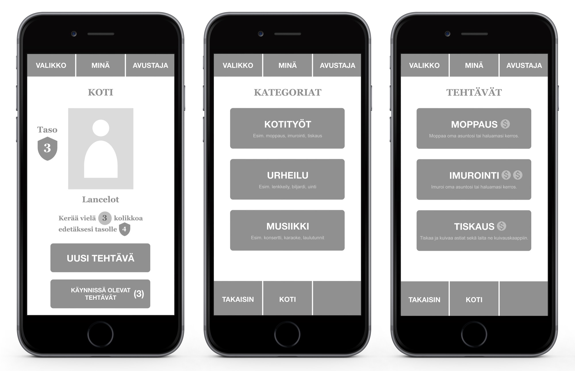 Wireframe screens for the mobile game